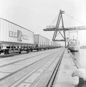 859251 Afbeelding van de overslag van containers van rederij Sea-Land in de Beatrixhaven te Rotterdam.